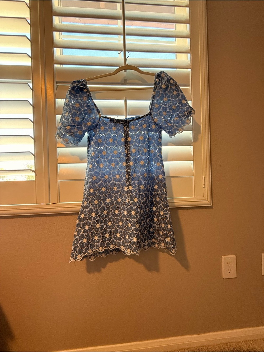 Blue Puff-Sleeve Eyelet Lace Women’s Top